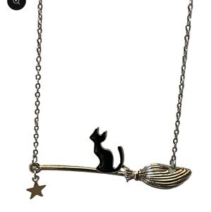 Black and Gold Cat on Broom Necklace
